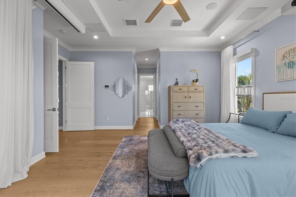 Bedroom, Interior, Recessed Lighting, Wood Texture Flooring