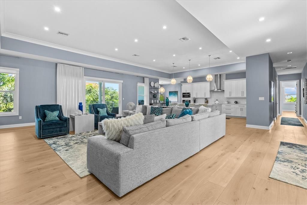 Interior, Kitchen, Living room, Pendant Lights, Recessed Lighting, Stainless Steel Appliances, Wood Texture Flooring