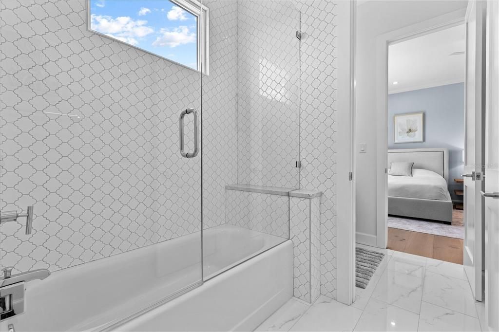 Bathroom, Bedroom, Glass Shower, Interior, Marble, Recessed Lighting, Wood Texture Flooring
