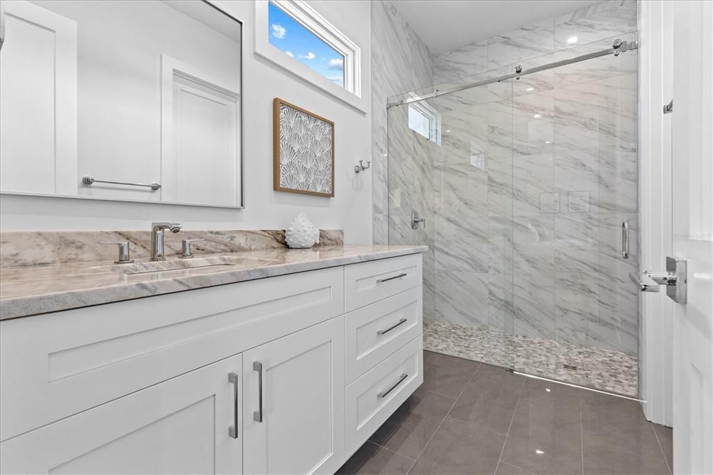 Bathroom, Glass Shower, Interior, Marble Walls, Recessed Lighting