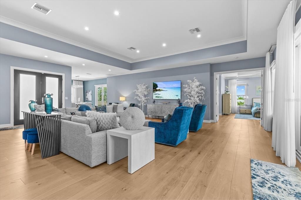 Interior, Living room, Recessed Lighting, Wood Texture Flooring