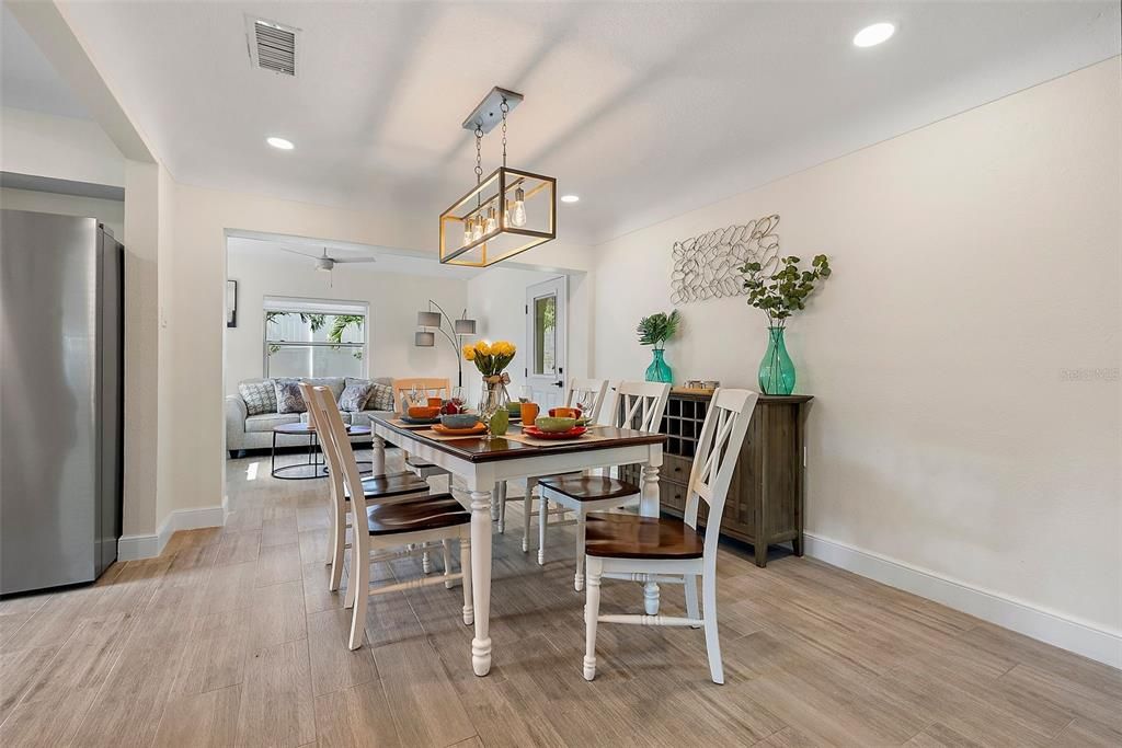 Dining room, Interior, Pendant Lights, Recessed Lighting, Wood Texture Flooring