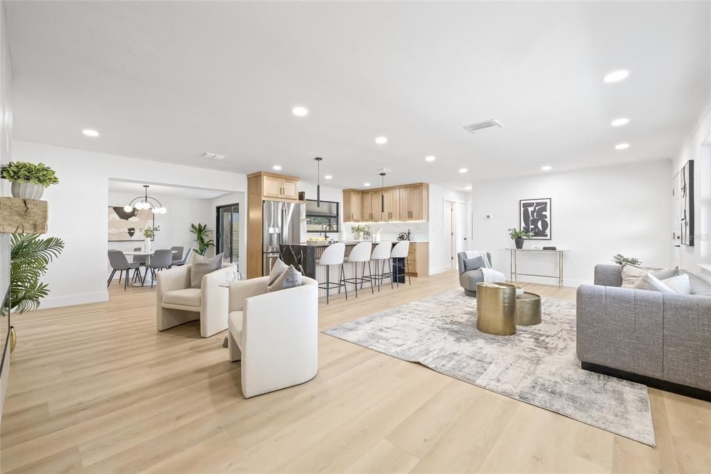 Dining room, Interior, Kitchen, Living room, Pendant Lights, Recessed Lighting, Stainless Steel Appliances, Wood Texture Flooring