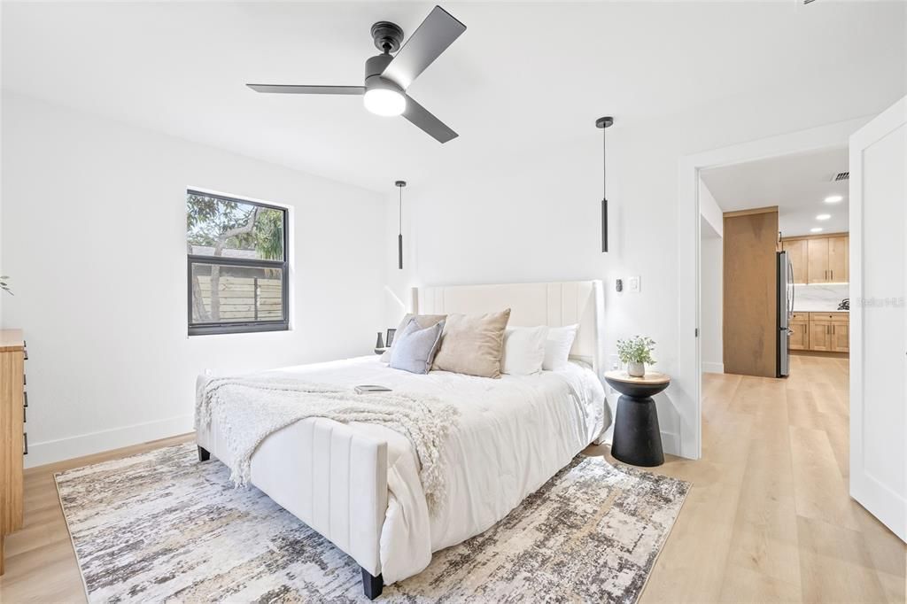 Bedroom, Interior, Kitchen, Pendant Lights, Recessed Lighting, Wood Texture Flooring