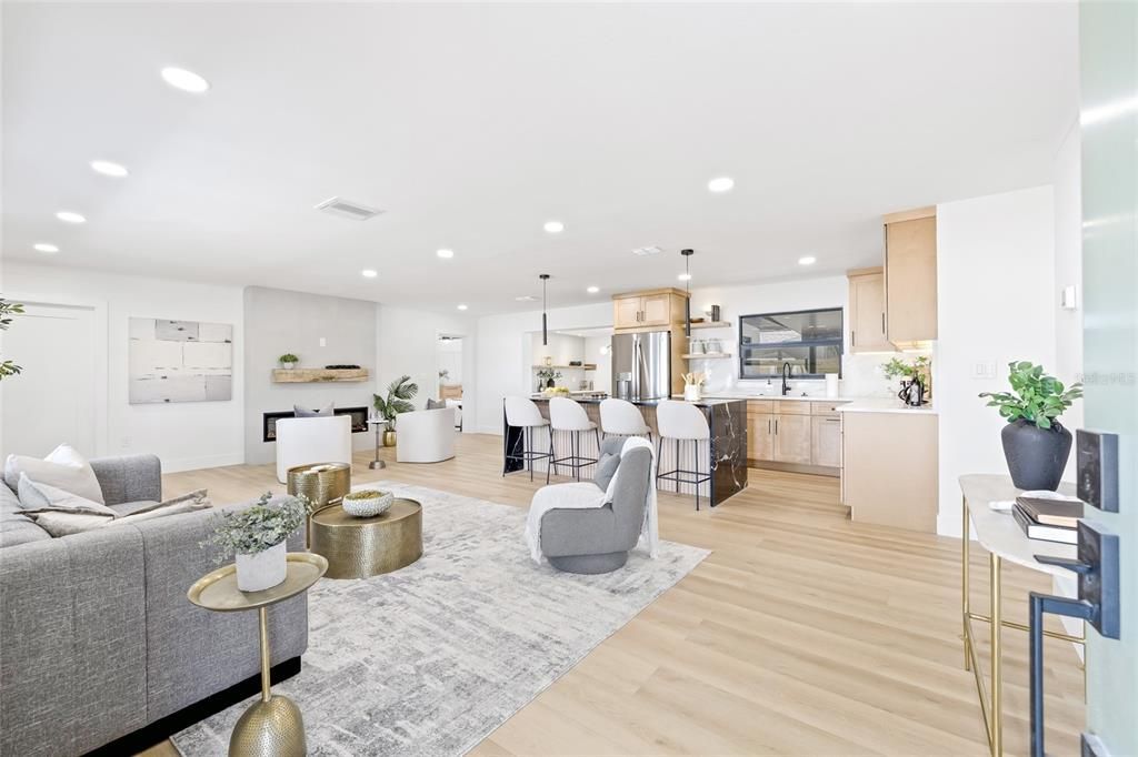 Dining room, Interior, Kitchen, Pendant Lights, Recessed Lighting, Stainless Steel Appliances, Wood Texture Flooring