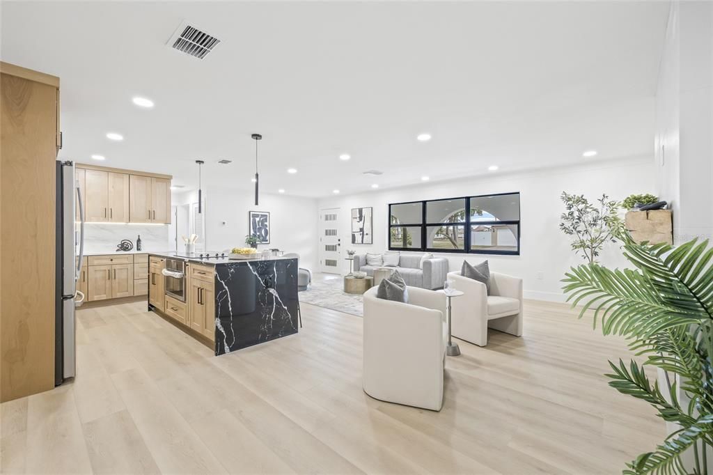 Interior, Kitchen, Living room, Pendant Lights, Recessed Lighting, Wood Texture Flooring