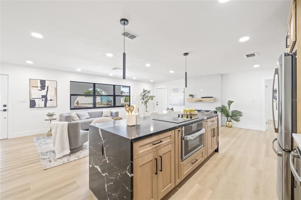 Interior, Kitchen, Living room, Pendant Lights, Recessed Lighting, Stainless Steel Appliances, Wood Texture Flooring