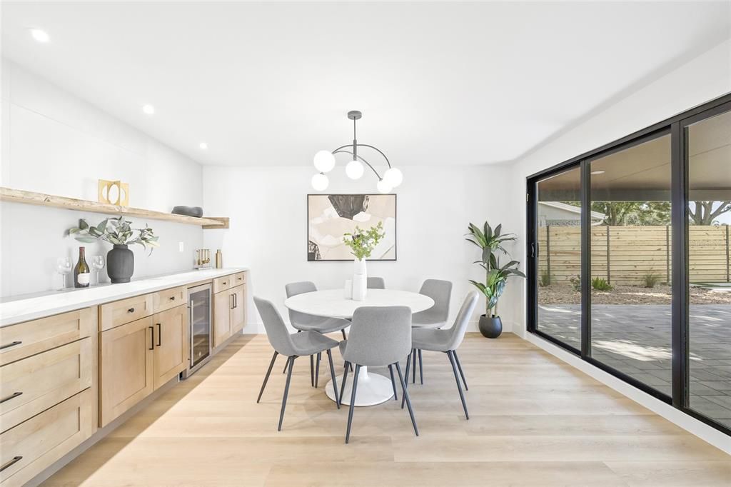 Dining room, Interior, Pendant Lights, Recessed Lighting, Wood Texture Flooring