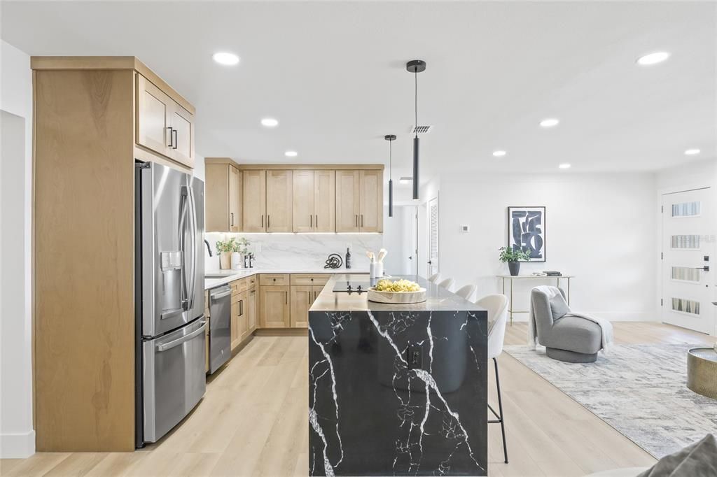 Interior, Kitchen, Pendant Lights, Recessed Lighting, Stainless Steel Appliances, Wood Texture Flooring