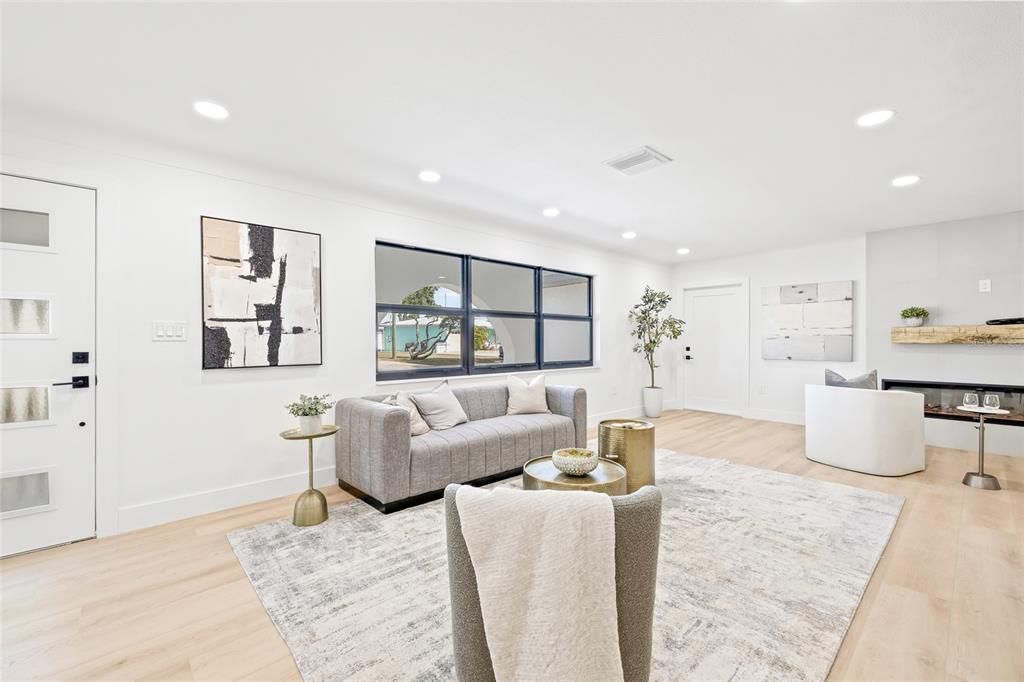 Dining room, Interior, Living room, Recessed Lighting, Wood Texture Flooring