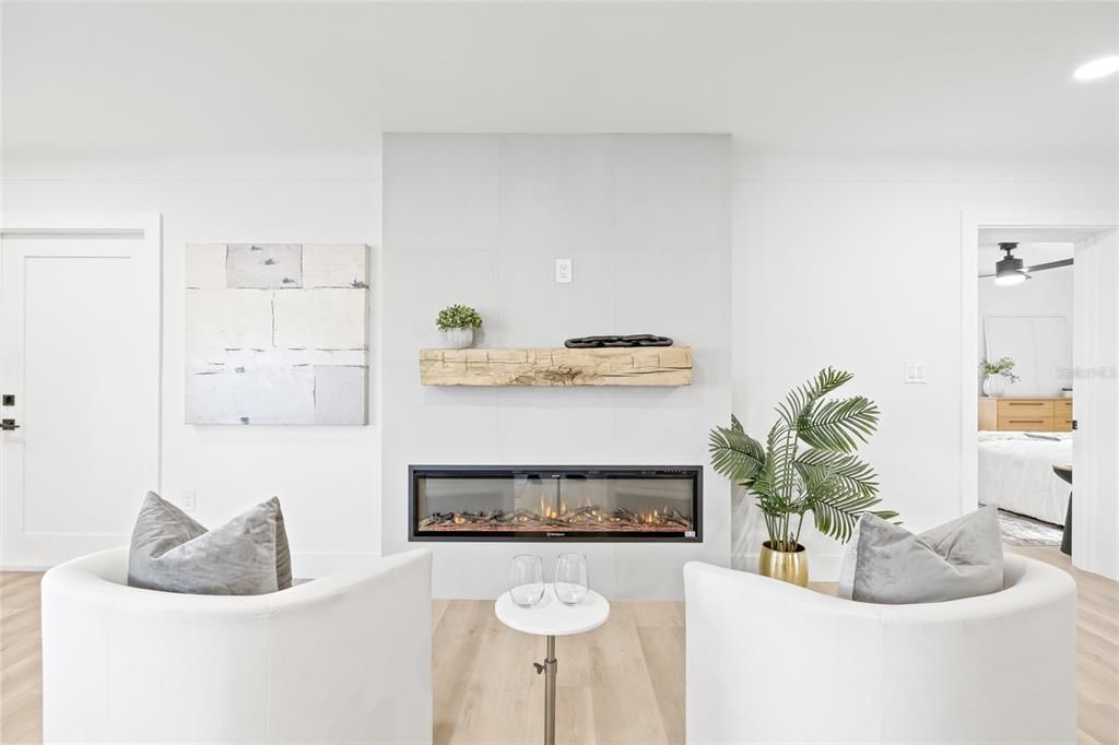 Fireplace, Interior, Living room, Recessed Lighting, Wood Texture Flooring