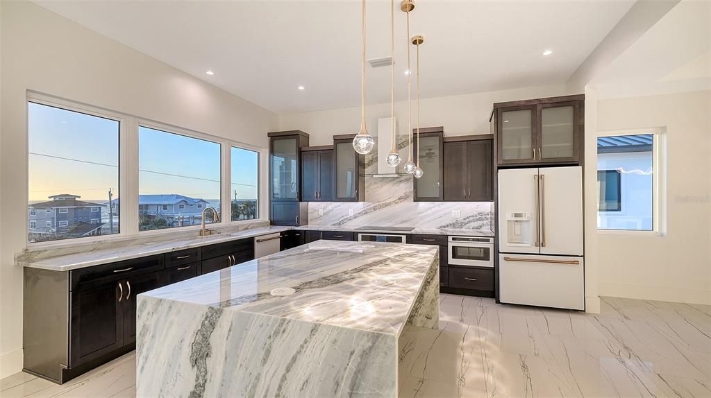 Interior, Kitchen, Marble, Marble Walls, Pendant Lights, Recessed Lighting