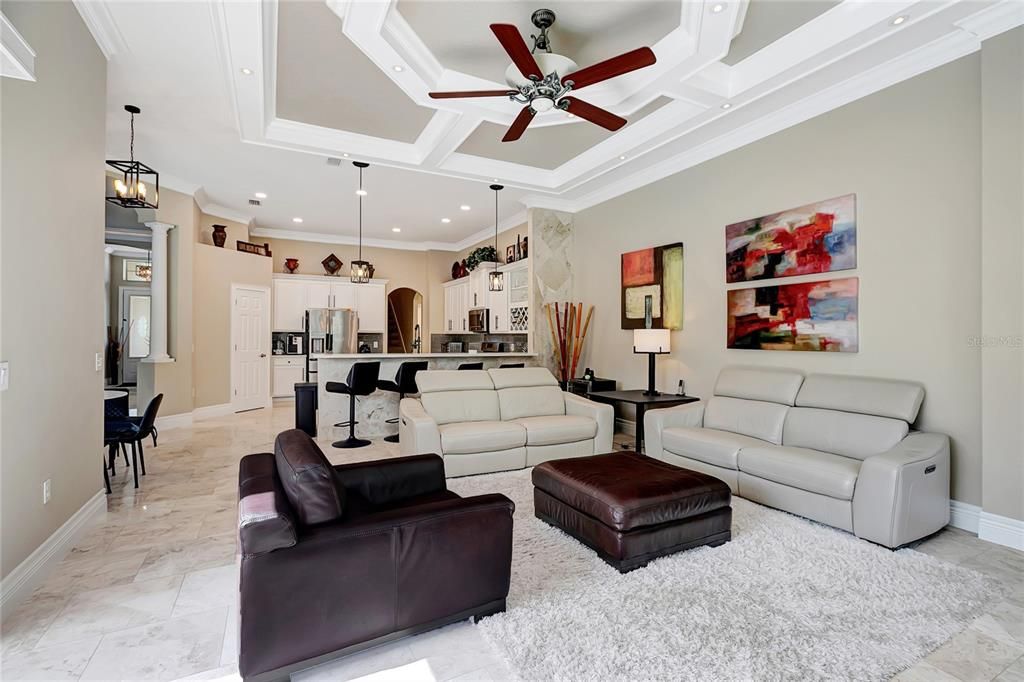 Interior, Kitchen, Living room, Marble, Pendant Lights, Recessed Lighting, Stainless Steel Appliances