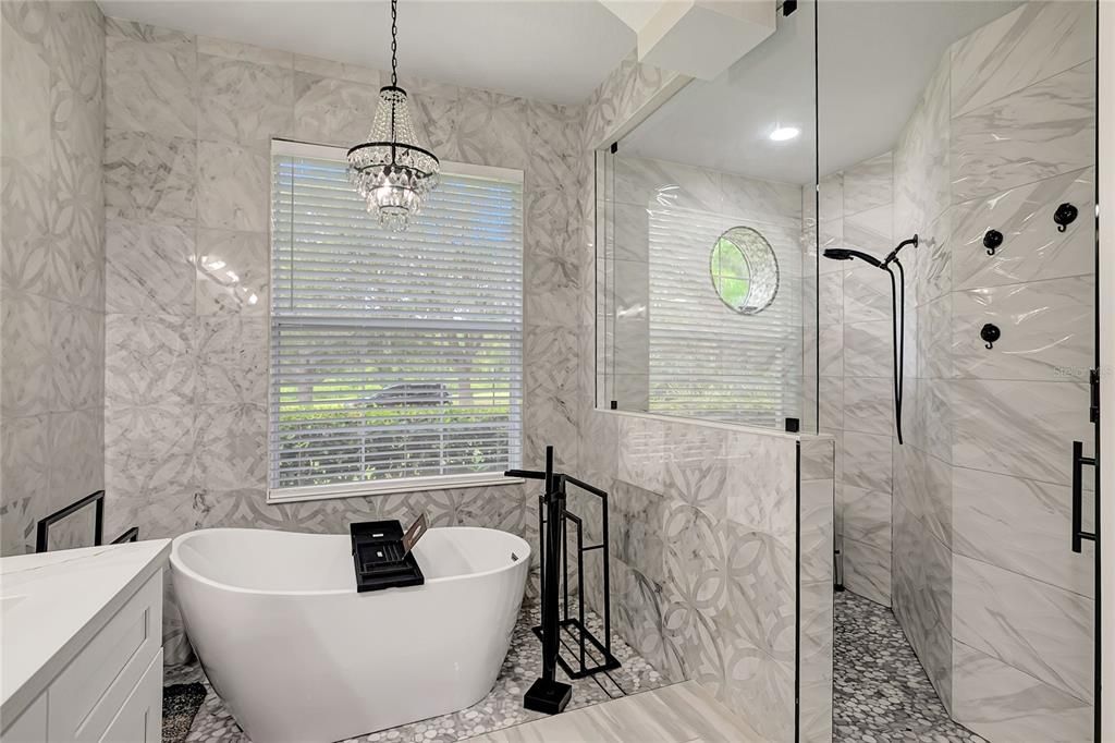 Bathroom, Free Standing Baths, Glass Shower, Interior, Marble Walls, Pendant Lights, Recessed Lighting