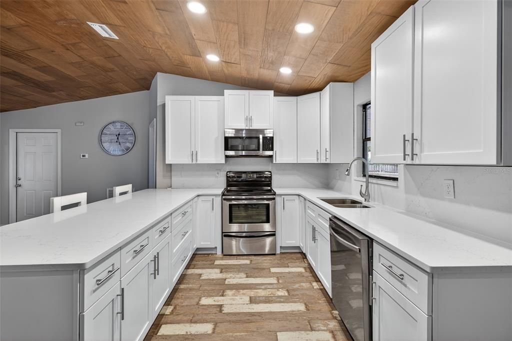 Interior, Kitchen, Recessed Lighting, Stainless Steel Appliances, Wooden Ceilings, Wood Texture Flooring