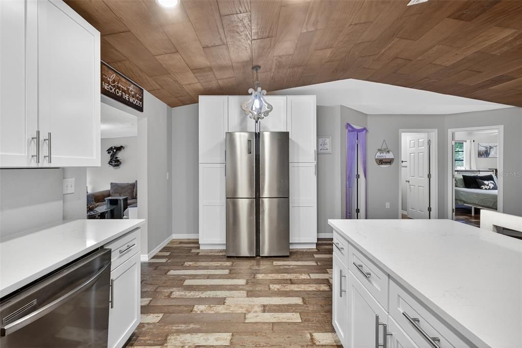 Interior, Kitchen, Pendant Lights, Recessed Lighting, Stainless Steel Appliances, Wooden Ceilings, Wood Texture Flooring