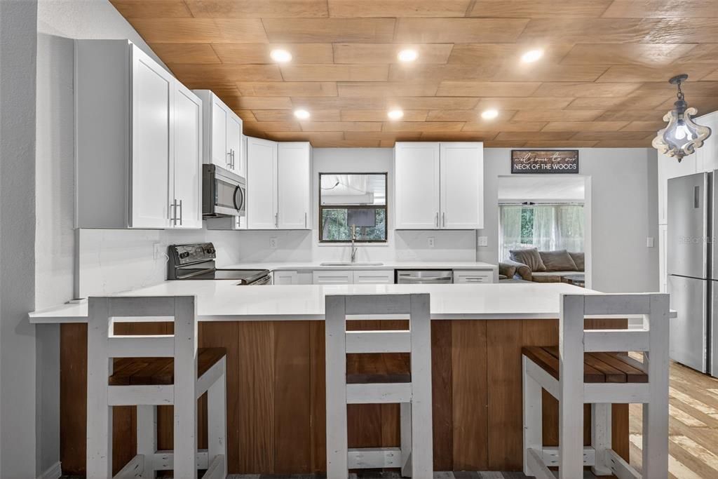 Interior, Kitchen, Pendant Lights, Recessed Lighting, Wooden Ceilings, Wood Texture Flooring