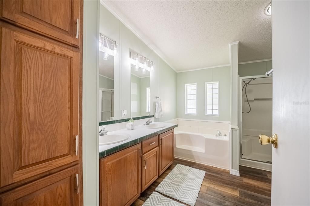 Bathroom, Dual Sink Vanities, Interior, Wood Texture Flooring