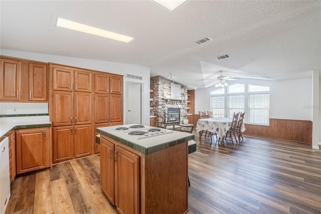 Dining room, Fireplace, Interior, Kitchen, Stone Walls, Wood Texture Flooring