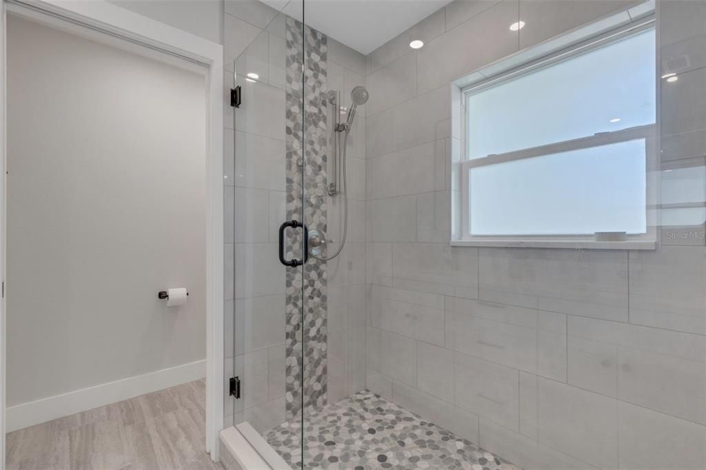 Bathroom, Glass Shower, Interior, Recessed Lighting, Wood Texture Flooring