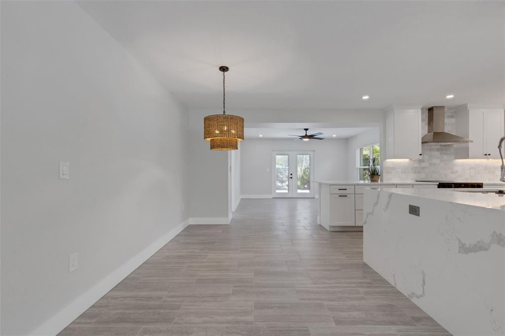 Chandelier, Interior, Kitchen, Marble Walls, Pendant Lights, Recessed Lighting, Wood Texture Flooring