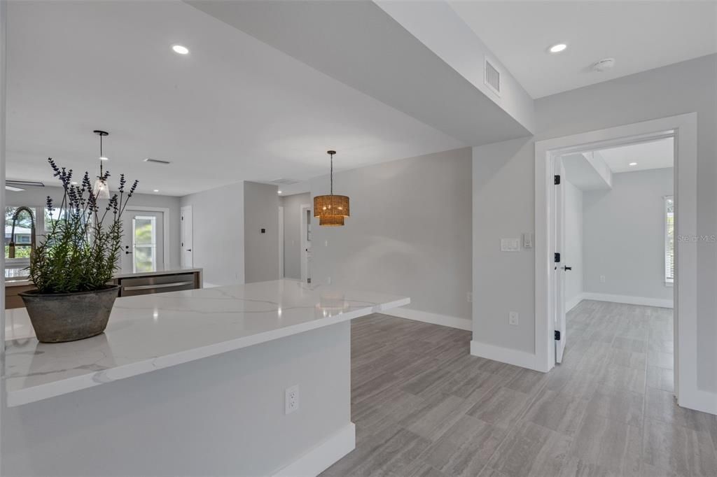 Interior, Kitchen, Pendant Lights, Recessed Lighting, Wood Texture Flooring