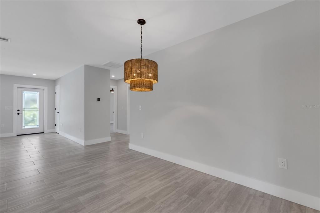 Chandelier, Empty room, Interior, Recessed Lighting, Wood Texture Flooring