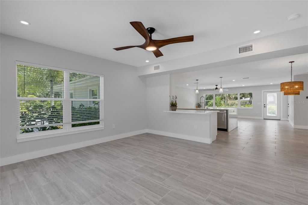 Chandelier, Empty room, Interior, Kitchen, Pendant Lights, Recessed Lighting, Wood Texture Flooring
