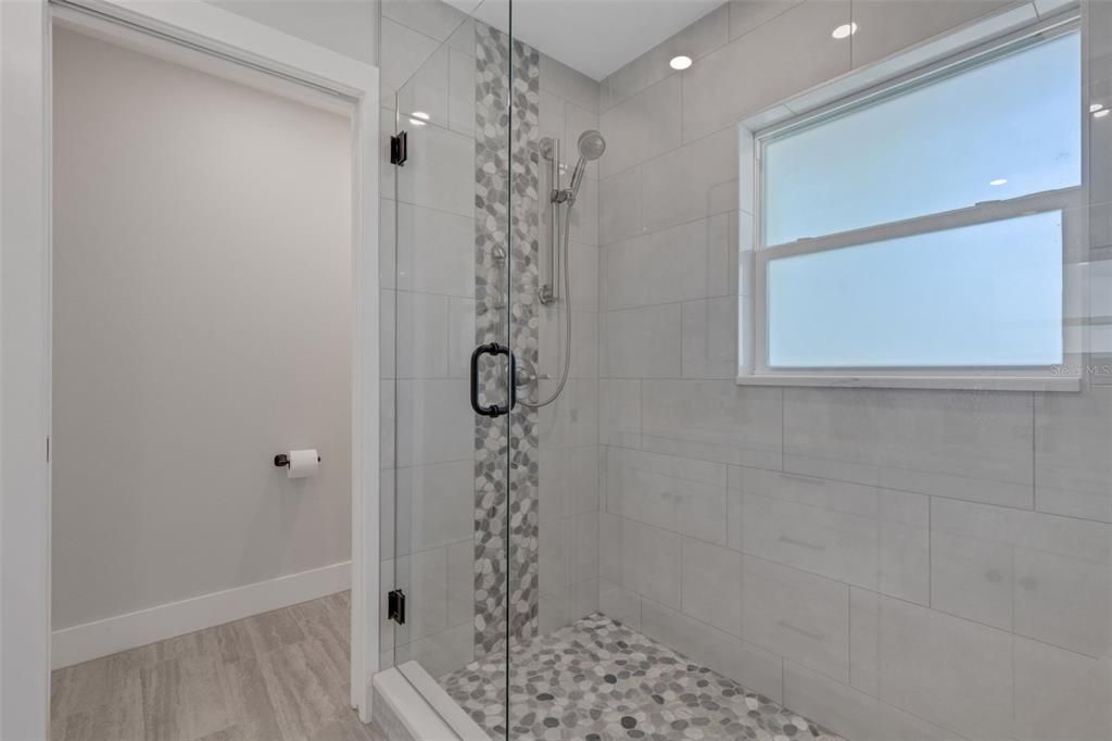 Bathroom, Glass Shower, Interior, Recessed Lighting, Wood Texture Flooring
