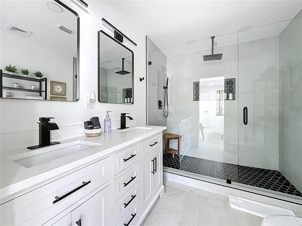 Bathroom, Dual Sink Vanities, Glass Shower, Interior, Marble