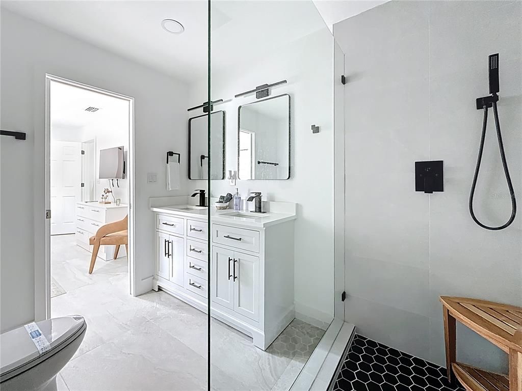 Bathroom, Dual Sink Vanities, Glass Shower, Interior, Marble, Recessed Lighting