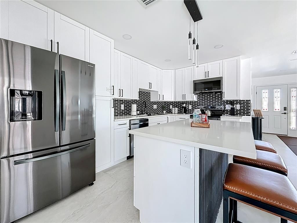 Interior, Kitchen, Marble, Pendant Lights, Recessed Lighting, Stainless Steel Appliances