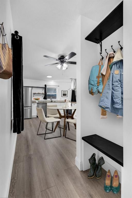 Dining room, Interior, Kitchen, Recessed Lighting, Stainless Steel Appliances, Wood Texture Flooring
