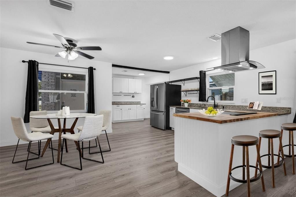 Dining room, Interior, Kitchen, Recessed Lighting, Wood Texture Flooring
