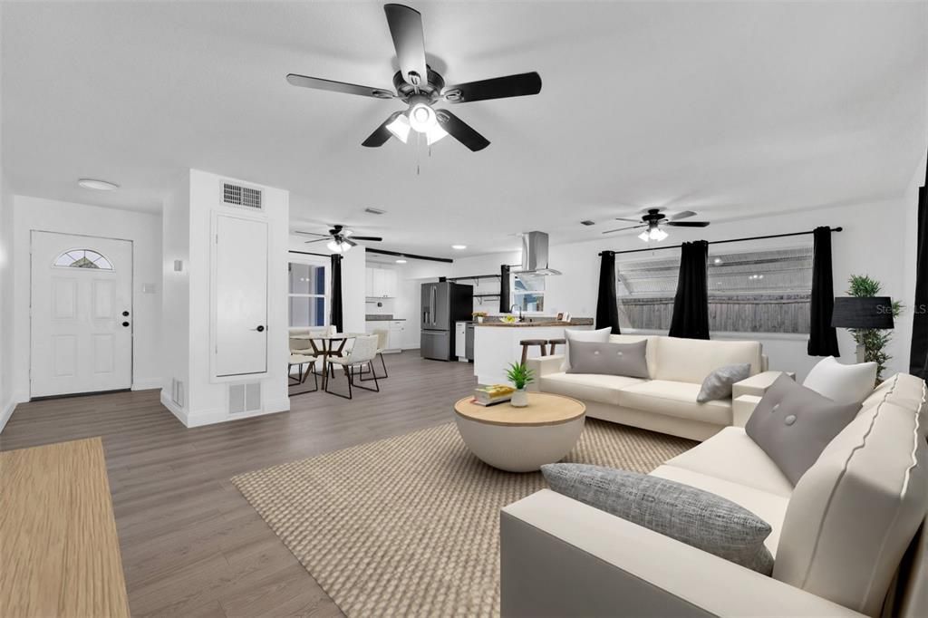 Dining room, Interior, Kitchen, Living room, Recessed Lighting, Wood Texture Flooring