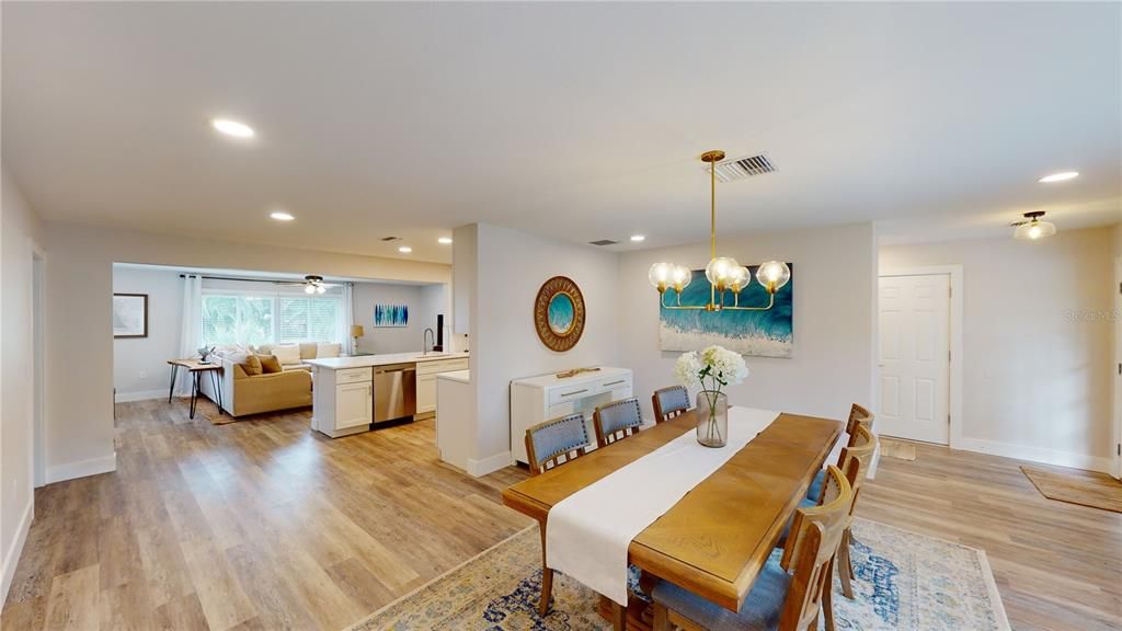 Dining room, Interior, Living room, Pendant Lights, Recessed Lighting, Wood Texture Flooring
