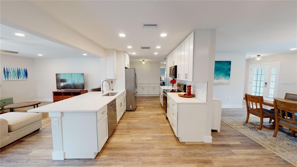 Dining room, Interior, Kitchen, Recessed Lighting, Wood Texture Flooring