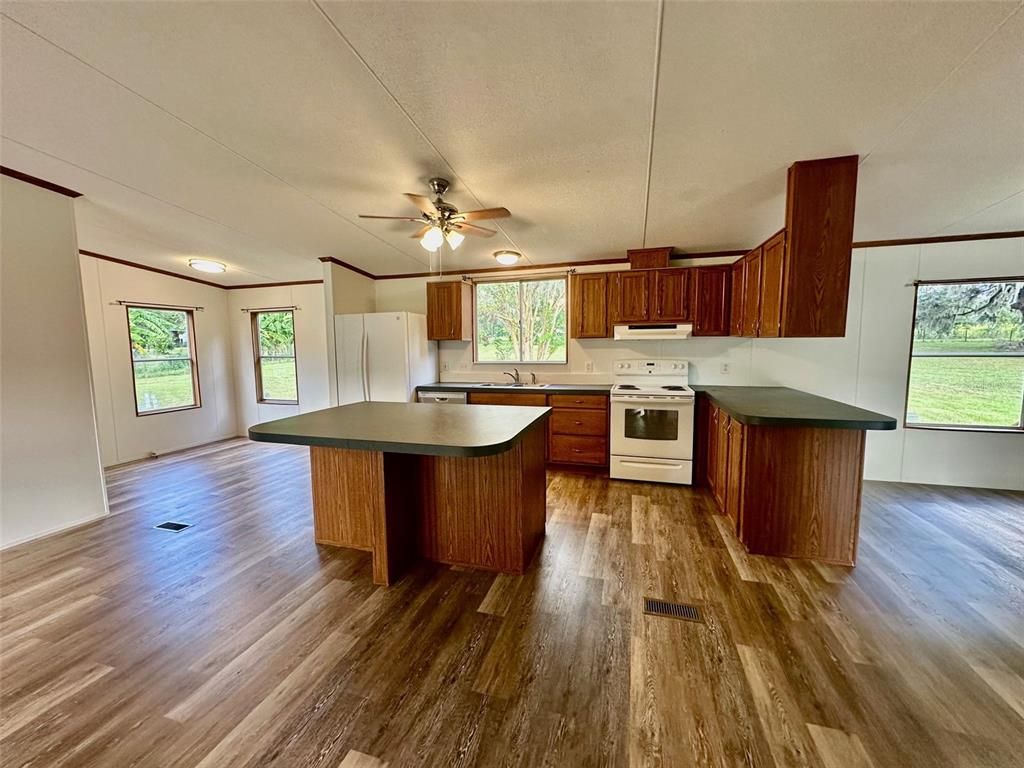 Interior, Kitchen, Pendant Lights, Wood Texture Flooring