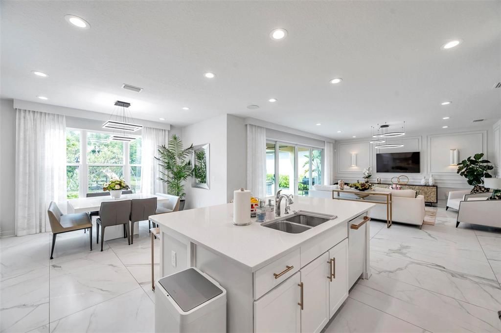 Dining room, Interior, Kitchen, Living room, Marble, Pendant Lights, Recessed Lighting