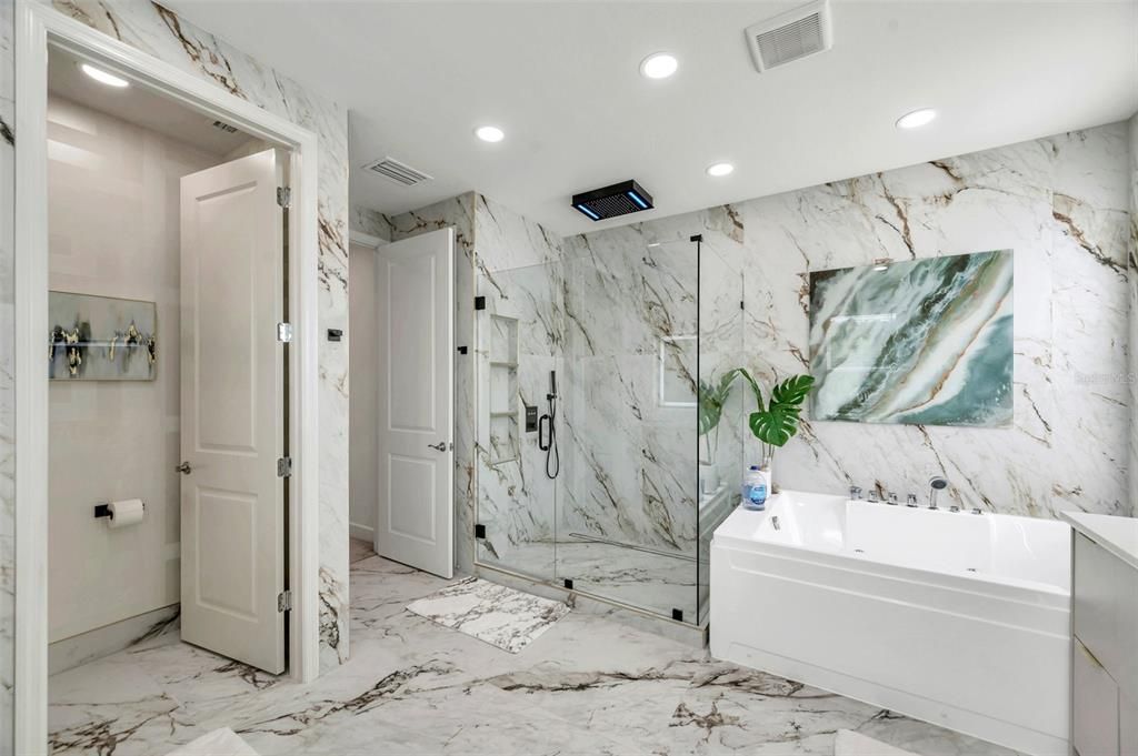 Bathroom, Glass Shower, Interior, Marble, Marble Walls, Recessed Lighting