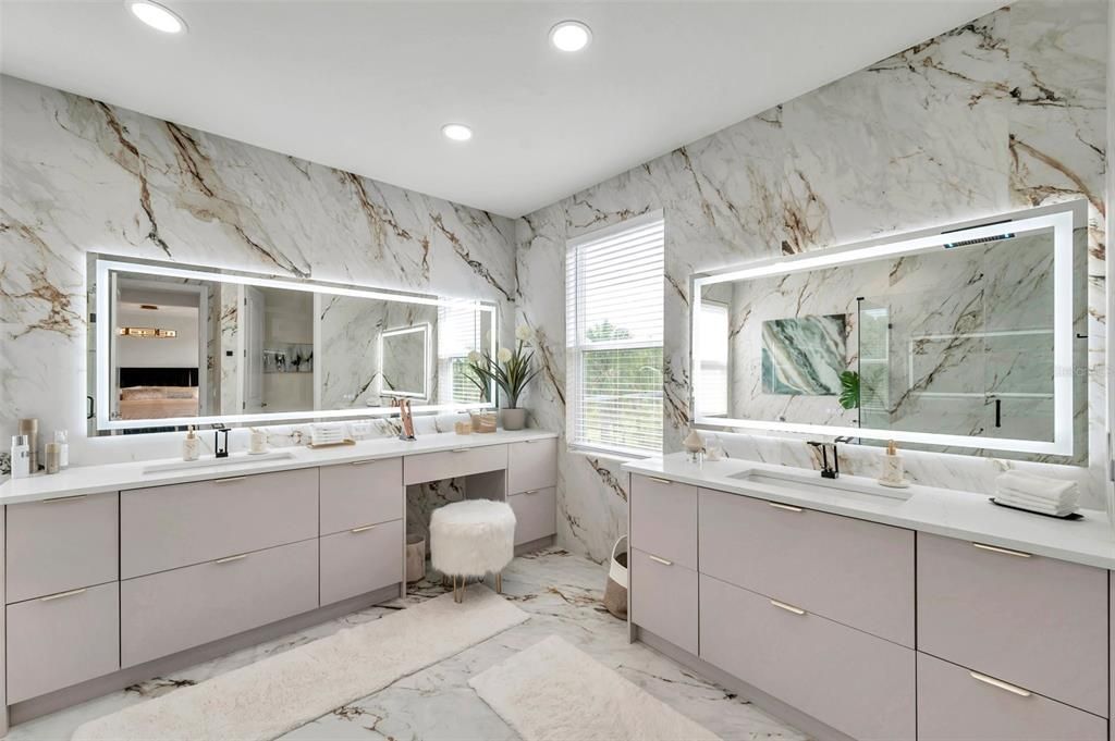 Bathroom, Dual Sink Vanities, Interior, Marble, Marble Walls, Recessed Lighting