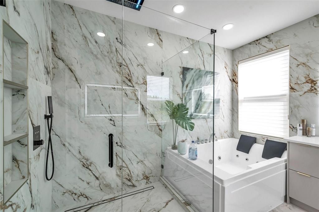 Bathroom, Glass Shower, Interior, Marble, Marble Walls, Recessed Lighting