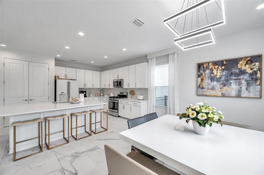 Dining room, Interior, Kitchen, Marble, Pendant Lights, Recessed Lighting, Stainless Steel Appliances