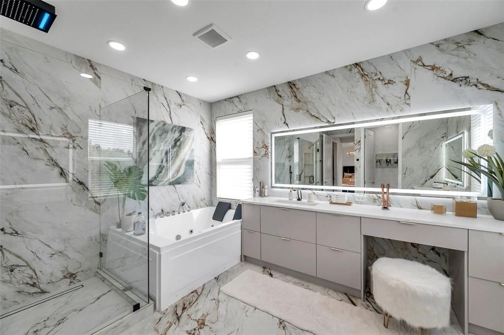 Bathroom, Dual Sink Vanities, Glass Shower, Interior, Marble, Marble Walls, Recessed Lighting