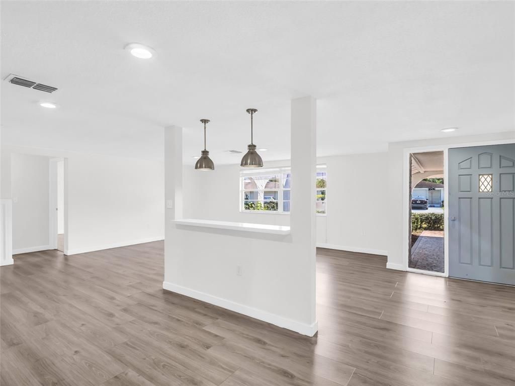 Empty room, Interior, Pendant Lights, Recessed Lighting, Wood Texture Flooring