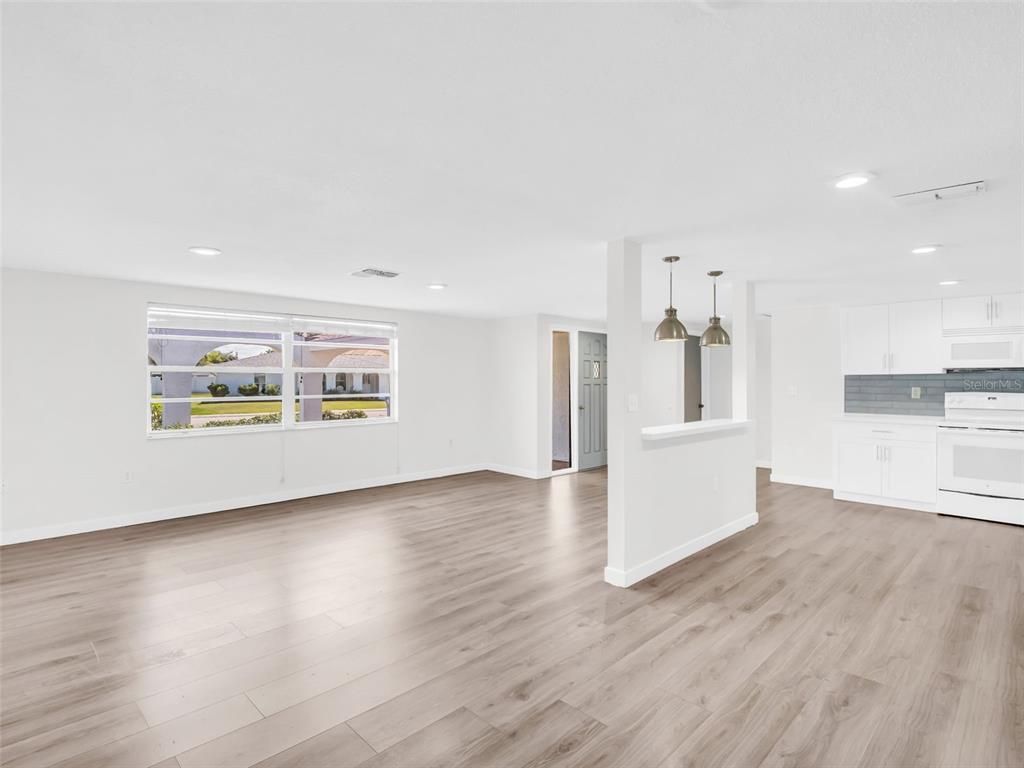 Empty room, Interior, Kitchen, Pendant Lights, Recessed Lighting, Wood Texture Flooring
