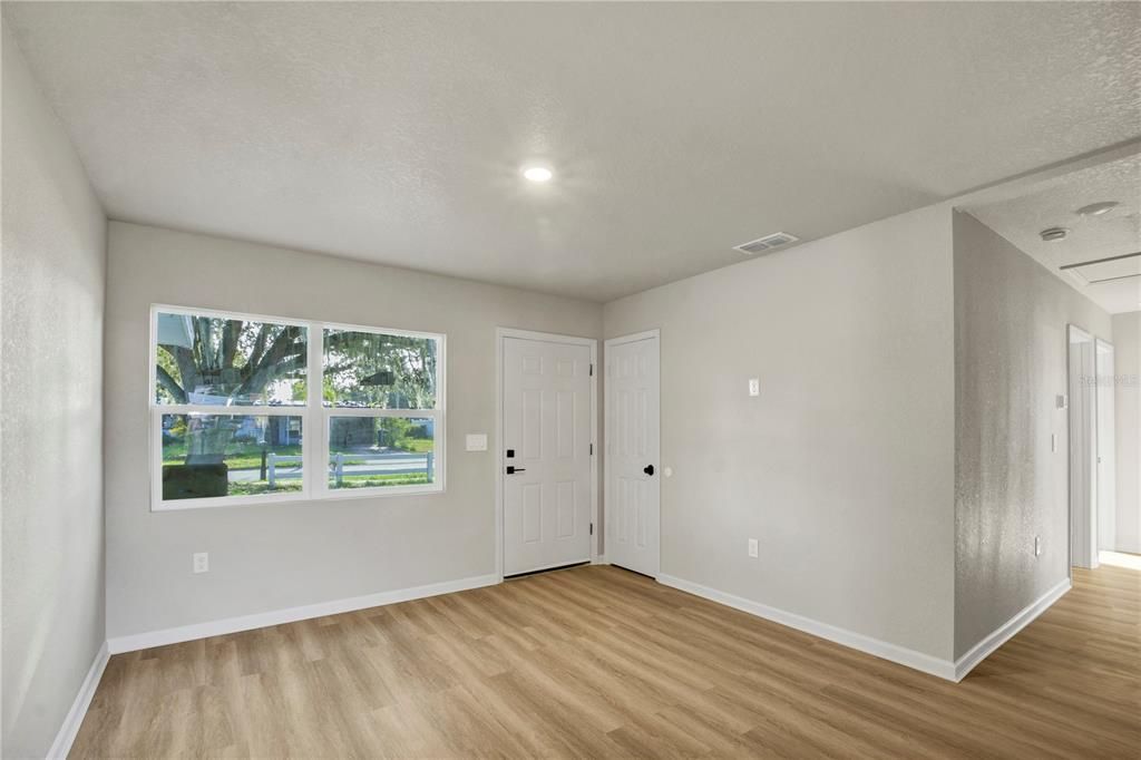 Empty room, Interior, Recessed Lighting, Wood Texture Flooring