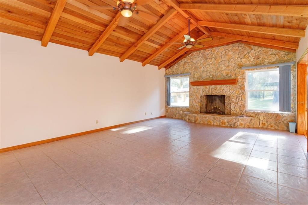 Empty room, Fireplace, Interior, Stone Walls, Wooden Beams, Wooden Ceilings