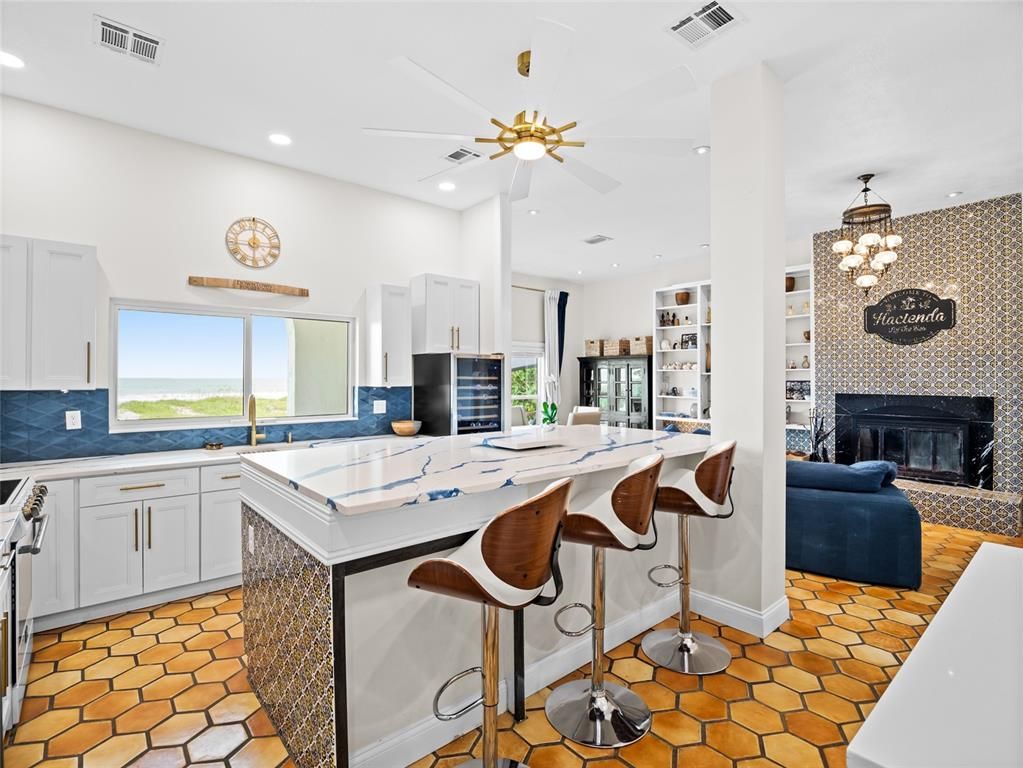 Fireplace, Interior, Kitchen, Pendant Lights, Recessed Lighting