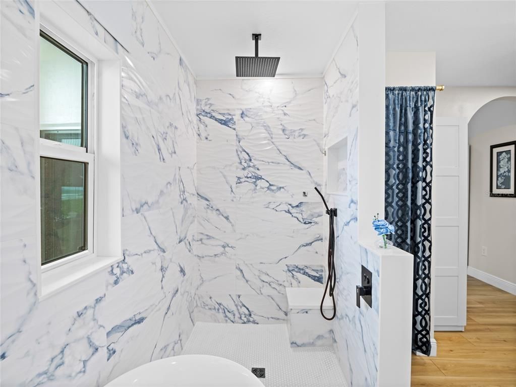 Bathroom, Interior, Marble Walls, Wood Texture Flooring